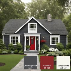 a gray house with red front door and white shutters on the windows is featured in this color scheme