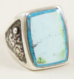 Item #956N-XLG Heavy Men's Cherokee Rectangle Drycreek & Morenci Turquoise Cast Silver Bead Cluster Collector's Ring by Lee Epperson sz 11 3/4 Mens Turquoise Rings, Native American Turquoise Ring, Vintage Turquoise Jewelry, Authentic Turquoise Jewelry, Cast Rings, Morenci Turquoise, Bisbee Turquoise, Native American Rings, Zuni Jewelry