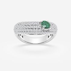 5.2 mm Round Cut Created Emerald and 1 ctw Round Lab Grown Diamond Crescent Shape Pave Fashion Ring Platinum Diamond Emerald Ring With Pave Setting, Round Emerald Ring With Pave Diamond Setting, White Gold Emerald Ring With Diamond Round Band, White Gold Emerald Ring With Diamond, Luxury Emerald Ring With Round Diamond Band, Crescent Shape, Diamond Chain, 14k White Gold Ring, Platinum Ring