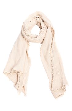 Love to layer this all-cotton gauze scarf trimmed with fluttery eyelash trim. 71" x 39" 100% cotton
 Dry clean Imported Summer Beige Cotton Scarf, Eyelash Scarf, Velvet Cape, Artisanal Design, Velvet Kimono, Cashmere Wrap, Indian Embroidery, Fashion Marketing, Fringe Scarf