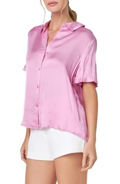 Fall for the soft look and feel of this short-sleeve shirt crafted from rich satin. Spread collar Short sleeves 56% viscose, 44% rayon Dry clean Imported Spring Collared Viscose Shirt, Spring Satin Short Sleeve Tops, Elegant Solid Color Short Sleeve Shirt, Elegant Solid Short Sleeve Shirt, Summer Button-up Viscose Tops, Casual Silk Button-up Tops, Summer Rayon Shirt With Shirttail Hem, Elegant Collared Rayon Blouse, Casual Satin V-neck Top