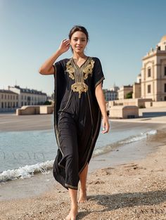 Lasaky - Womens Floral Embroidery V-Neck Loose Fit Cover-Up Dress with Side Split Maxi Length and Batwing Sleeves - Beach Kaftan for Swimwear and Clothing Summer Tunic Sets With Embroidery, Summer Embroidered Tunic Sets, Summer Floral Embroidered V-neck Sets, Elegant V-neck Beach Set, Black Beach Dress For Eid, Bohemian Embroidered Summer Sets, Elegant Embroidered V-neck Beach Dress, Traditional Summer Beach Sets, Summer Vacation Tunic Sets