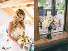 the bride is looking at her wedding bouquet and getting ready to walk down the aisle