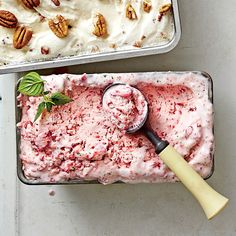 two pans filled with ice cream and nuts