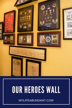 Remembering our heroes in our family with a wall of honor in our home. Learn how we displayed pictures, patches, medals, etc. via @tammy1999 Accomplishment Wall Ideas, Wall Of Achievement Ideas, Military Wall Decor Ideas, Navy Office Walls, Accomplishment Wall, Military Decorating Ideas