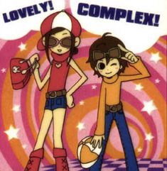 two people standing next to each other in front of a pink and orange background with the words lovely complex