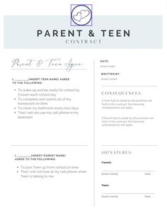 a white and blue resume template with the words parent and teen