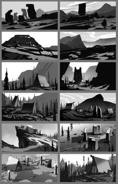 several different black and white images of mountains