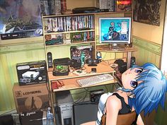 Anime Rooms, Girl Gamer, Poses Anime, Blue Haired Girl, Gamer Girls, World Wallpaper