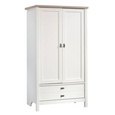 a white armoire with two drawers and one door on the bottom shelf, against a white background