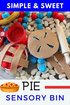 Fall sensory bin ideas - Thanksgiving Pie sensory bin Cooking Art Activities For Preschoolers, Feast For 10 Preschool Activities, Pumpkin Pie Sensory Bin, Nursery Rhyme Sensory Bin, Ecfe Ideas, Thanksgiving Sensory Bin, Prek Sensory, Thanksgiving Sensory