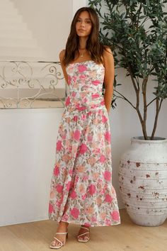 Cottage Living Strapless Maxi Dress Pink White Dress Flowy, Spring Break Dress, Passing Of Time, Cocktail Dress Formal, Knit Maxi Skirt, White Long Sleeve Dress, Skirt And Top Set, Mini Dress Formal, Strapless Floral Dress