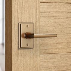 a close up of a wooden door with a handle on the front and side panels