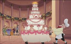 an animated image of a cake with people around it