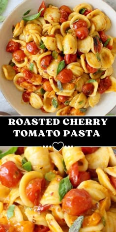 two pictures of pasta with tomatoes and basil on top, one is in a white bowl