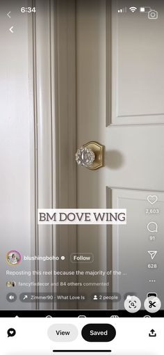 an open door with the words bm dove wing on it