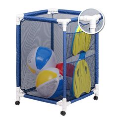 a blue playpen with beach balls in it's sides and an image of the net