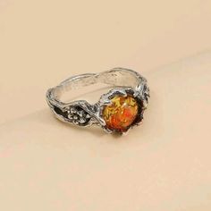 Vintage-Style Ring In An Antique Silver Tone Flower Detailing And A Vine-Like Twist All Around The Ring With A Lovely Red/Orange/Yellow Swirled Center Diameter: 1.8 Cm Size 8 Chosen As A Recent Host Pick! (Thank You To @Avaloncoyote) Vintage Engagement Rings Not Diamond, Orange Engagement Ring, Orange Rings, Man Rings, Matching Fits, Dream Rings, Orange Ring, Nick Nacks, Orange Jewelry