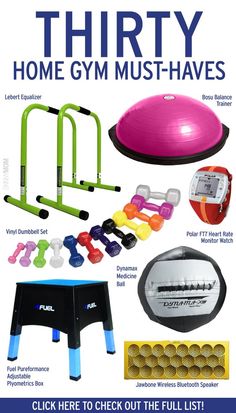 an advertisement for the home gym must - haves, including exercise equipment and accessories