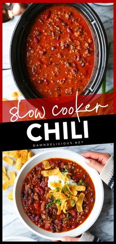 Don't miss out on this easy comfort food dinner! It's the BEST homemade chili. Made with ground beef, this Slow Cooker Chili is amazingly hearty and cozy. Gotta love a simple soup recipe in the crockpot! Over Baked Potatoes, Slow Cooker Chili Easy, Lunch Board, The Best Chili, Slow Cooker Chili Recipe, Best Chili, Chili Recipe Crockpot, Best Chili Recipe, Crockpot Chili