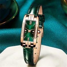 Women Diamond Watch Green Retro Leather Strap Jewelry – Genuine-Gemstone Rectangle Watch, Red Watch, Small Watch, Watch Belt, Clock Gift, Simple Leather, Womens Watches Luxury, Luxury Diamonds, Retro Women