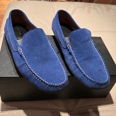 Brand New Navy Blue Swade Shoes. All Original Packaging Included. Size 11 Men Usa Blue Loafers With Suede Lining And Round Toe, Blue Suede Loafers With Almond Toe, Blue Suede Almond Toe Loafers, Blue Leather Loafers With Cushioned Footbed, Casual Blue Loafers With Suede Lining, Mens Driving Loafers, Skechers Slip On, Brown Suede Loafers, Espadrilles Men