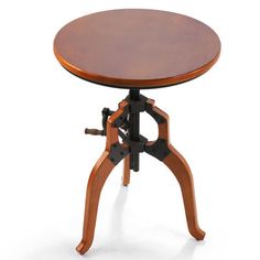 a wooden table with an adjustable mechanism on the top and bottom, in front of a white background