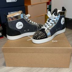 Men’s Black/Silver/White Christian Louboutin Sneakers. Great Condition. Silver Sneakers With Perforated Toe Box, Luxury Silver Leather Sneakers, Luxury Silver Custom Sneakers, Designer High-top Custom Sneakers With Perforated Toe Box, Luxury High-top Custom Sneakers With Perforations, Louboutin Sneakers, Christian Louboutin Sneakers, Louboutin Shoes, Shoes Men