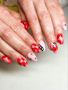 Valentines Acrylics Almond, Cruel Summer Nails, Retro Red Nails, Kissy Lip Nails, Retro Style Nails, Pink And Red Nails Almond, Red Pink And Black Nails, Pink And Red Cherry Nails, Groovy Valentines Nails