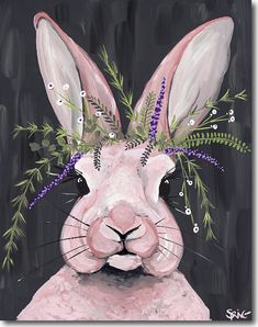 a painting of a pink bunny with flowers in its ears and leaves on it's head