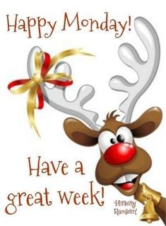 happy monday have a great week reindeer with gold ribbon and bow on his antlers