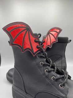 If you've ever wondered why your shoes just don't have enough wings, do we have an accessory for you! These bat wing accessories lace into the top two eyelets of your shoes and come in a Left and Right pair, one wing for each shoe! Choose from any of our bright or spooky colors! PLEASE NOTE: This listing is for one (1) pair of very cute bat wing shoe accessories. The boots and shoes pictured in this listing are for illustrative purposes only and are NOT included or for sale! PLEASE NOTE: These b Wing Accessories, Shoes With Laces, Shoe Painting, Cute Bat, Wing Shoes, Bat Wing, Cosplay Shoes, Shoe Insoles, Roller Skates