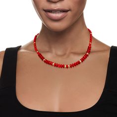 Ross-Simons - 4.5-8mm Red Coral Bead Graduated Necklace, 14kt Yellow Gold. 20". A pop of bold red is sure to excite and add some fun to any outfit! 4.5-8mm bright red coral beads graduate in size and are interspersed with 4-6mm 14kt yellow gold spacers. This necklace adds that splash of color you've been looking for. Fishhook clasp, coral bead necklace. Coral Beads Necklace, Graduation Necklace, Coral Beads, Red Coral, Fish Hook, Bead Necklace, Bright Red, Color Splash, Beaded Necklace