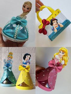 there are four different princess figurines in this photo