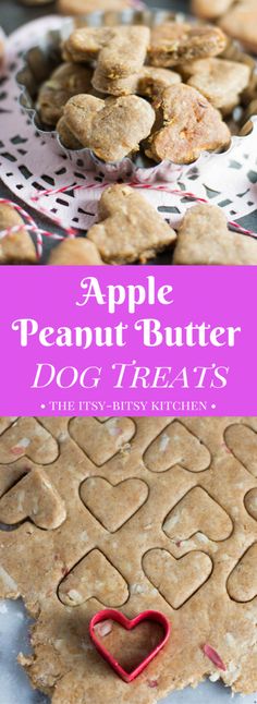 an apple peanut butter dog treats recipe with heart shaped cookie cutters on the side