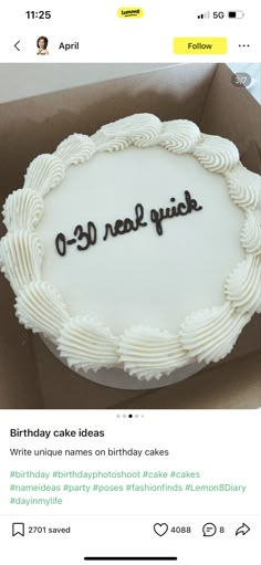 a white cake with the words birthday cake ideas written in black on it and an instagram page below