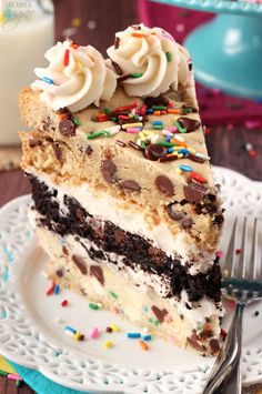 a slice of ice cream cake with chocolate chips and sprinkles