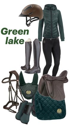 the green jacket is set up with riding gear and boots for equestrians to wear