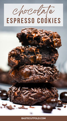 chocolate espresso cookies stacked on top of each other with the title above it