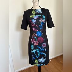 Dress- Worn 2x’s Like New Black Sheath Dress For Spring, Formal Black Midi Dress With Floral Print, Formal Black Mini Dress With Floral Print, Black Floral Print Sheath Midi Dress, Black Lined Sheath Dress, Black Sheath Midi Dress With Floral Print, Black Sheath Dress With Lining, Black Sheath Dress Lined, Fitted Black Midi Dress With Floral Print