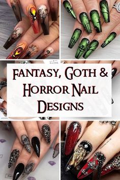 These gothic nail designs are done beautifully. Some are dark nail designs with a hint of horror, others are elegant with a touch of fantasy. Vampire Nail Art Designs, Gothic Stilleto Nails Designs, Dark Gothic Nail Designs, Elegant Gothic Nails, Gothic Flower Nails, Gothic Nail Designs Ideas, Halloween Nails Nail Art, Goth Nail Art Designs, Gothic Floral Nails