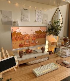 a computer monitor sitting on top of a wooden desk next to a keyboard and mouse