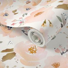 a floral wallpaper with pink flowers and gold foil on white background, it is very soft