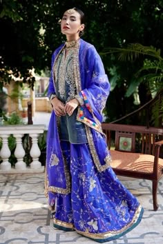 Buy Atelier Shikaarbagh Blue Silk Tissue Zardozi Embroidered Kurta Gharara Set Online | Aza Fashions