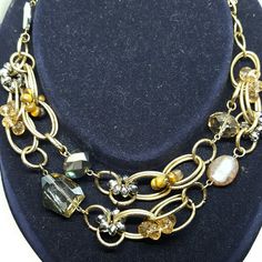 2 Large Link Brass Chains Interspersed With Crystals Make Up This European Designed Necklace. 17 1/2-20". Lobster Clasp. Gold Metal Necklace For Accessorizing, Formal Double Strand Metal Necklace, Formal Double Strand Metal Chain Necklace, Double Strand Chain Necklace In Costume Jewelry Style, Double Strand Chain Necklace Costume Jewelry, Double Strand Chain Necklace In Costume Style, Double Strand Costume Jewelry Chain, Formal Double Strand Metal Jewelry, Costume Jewelry Metal Necklace With Double Chain