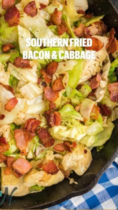 a skillet with bacon and cabbage in it on a blue checkered table cloth