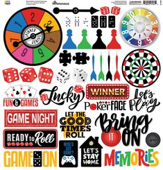 a variety of game night stickers and decals are featured in this graphic design