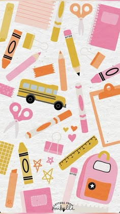 an image of school supplies on paper with scissors, pencils, and other items