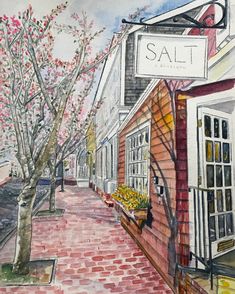 a watercolor painting of the outside of a restaurant with flowers and trees in bloom