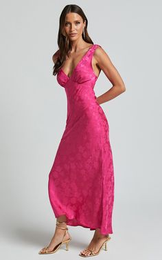 Cohen Midi Dress - Jacquard Satin Midi Dress in Pink | Showpo USA Neckline Designs, Satin Midi Dress, Satin Slip, Satin Slip Dress, Party Night, Midi Length, Fashion Forward, Slip Dress, Cocktail Dress